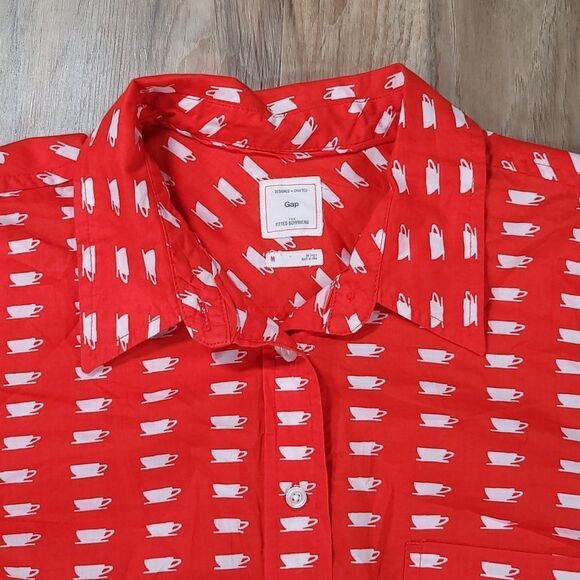 🔺️Gap Orange Teacup/Coffee Cup Boyfriend Buttoned Long Sleeve Shirt Medium - Picture 4 of 12